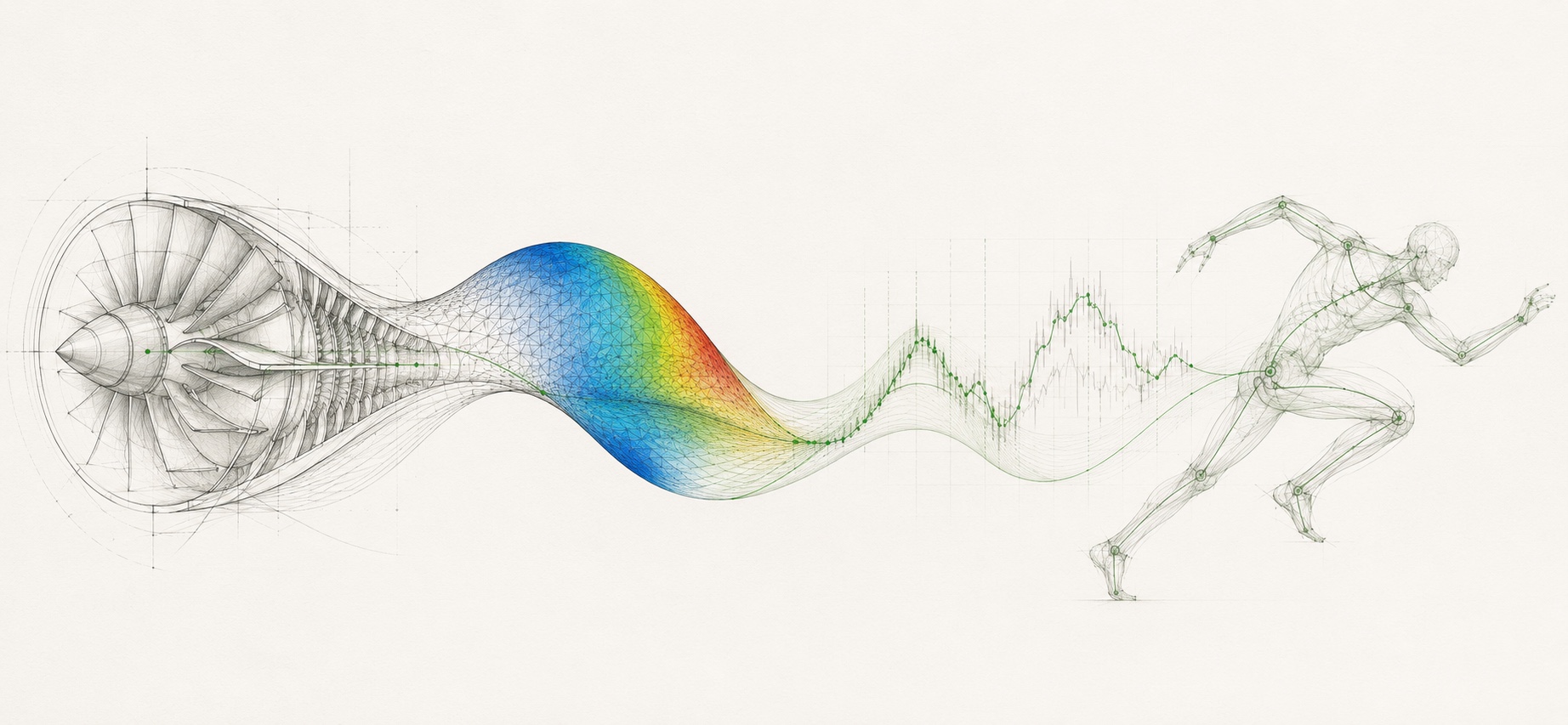 Conceptual illustration connecting turbine geometry, simulation, data analysis and human movement